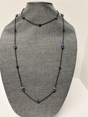 Vintage Blue Chevron African Trade Bead Opera Chain Necklace 51"